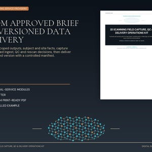 Könnte beinhalten: Ein digitales Dokument mit dem Titel 3D Scanning Field Capture, QC & Delivery Operations Kit. Es enthält 10 technische Servicemodule, A4- und US-Letter-Formate, 14 DOCX- und 14 druckfertige PDF-Dateien sowie ein 22-seitiges ausgefülltes Beispiel.