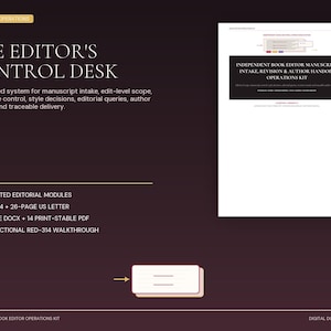 Könnte beinhalten: Ein digitaler Download mit dem Titel The Editor's Control Desk, ein Operations-Kit für unabhängige Buchlektoren. Enthält 10 vernetzte redaktionelle Module, 29-seitiges A4, 26-seitiges US-Letter, 14 bearbeitbare DOCX, 14 druckstabile PDF und eine 22-seitige fiktive Red-314-Anleitung.