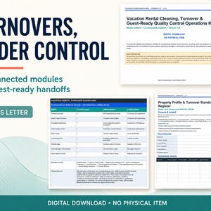 Könnte beinhalten: Ein digitales Operations-Kit für die Reinigung und den Wechsel von Ferienunterkünften mit 12 verbundenen Modulen. Das Dokument enthält ein Dashboard, ein Objektprofil und ein Standardregister mit dem Text Turnovers, Under Control und A4 + US Letter.