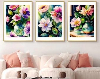 Instantly Elevate Your Space With Set of 3 Digital Printable Wall Art in Botanical Floral Watercolor.  Home Decor Printable Wall Art
