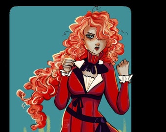 May include: A woman with long, curly red hair wearing a red dress with a black belt and a white collar. Her lower body is an octopus with black and white tentacles.