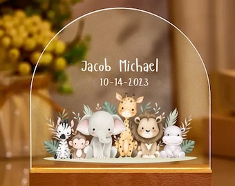 Personalized Baby Safari Animals Baby Gift for a Nursery, Half Round Acrylic Night Light With Warm Light Wooden Base
