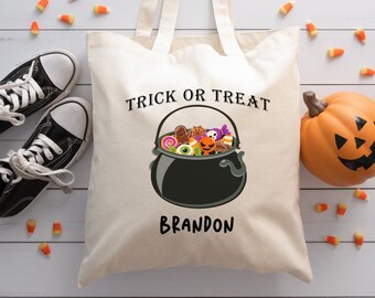 Personalized Halloween Tote Trick or Treat Witch Cauldron Personalized, Your Custom Name Cotton Canvas Tote Bag Halloween Gift