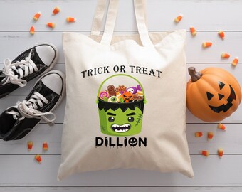 Personalized Halloween Tote Trick or Treat Frankenstein Bucket Personalized, Your Custom Name Cotton Canvas Tote Bag