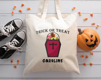 Personalized Halloween Tote Trick or Treat Vampire Coffin personalized, Your Custom Name Cotton Canvas Tote Bag