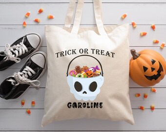 Personalized Halloween Tote Trick or Treat Personalized Skull design, your custom name Cotton Canvas Tote Bag