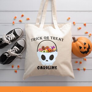 Personalized Halloween Tote Trick or Treat Personalized Skull design, your custom name Cotton Canvas Tote Bag