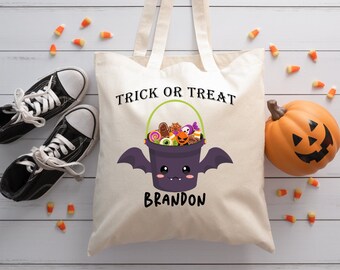Personalized Halloween Tote Trick or Treat Bat Bucket Tote Bag-Personalized with Custom Name Canvas Cotton
