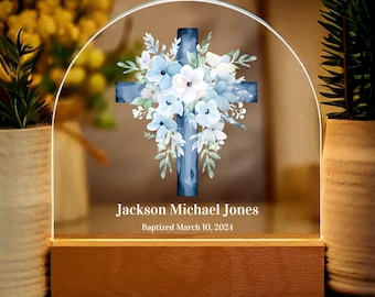 Personalized Baptism Gift For Boy, baby night light , custom name, watercolor cross with flowers, christening, dedication