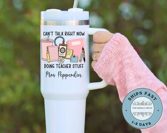Teacher Tumbler 40oz Personalized Tumbler with Handle Teacher Appreciation Gift Thank You Teacher Travel Mug Teacher Cup, Pink Teacher Stuff