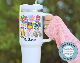 Teacher Tumbler 40oz Personalized Tumbler with Handle Teacher Appreciation Gift Thank You Teacher Travel Mug Teacher Cup, Teaching Icons