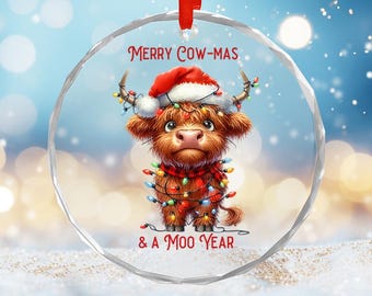 Scottish Highland Cow Gift, Christmas Tree Ornament, Cow Lover Gift, Crystal Real Glass, Humor, Cow Punny Saying, Coworker Gift,