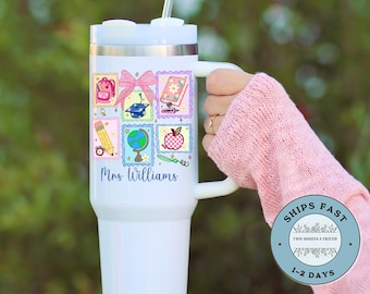 Preppy Stamps Teacher Tumbler 40oz Personalized Tumbler with Handle Teacher Appreciation Gift Thank You Teacher Travel Mug Teacher Cup