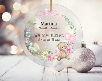 Personalized Baby Girl Announcement, Glass Ornament, Baby's First Christmas Gift