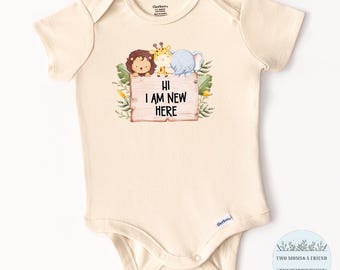 I am New Here, lion, giraffe, elephant, Baby Onesie® Bodysuit, Natural Cotton, Baby Shower Gift, Announcement Gift, Newborn Boy Girl