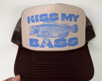Kiss My Bass Trucker Hat | Funny Fishing Hat | Bass Fishing Hat | Fisherman Snapback | Outdoor Gift for Her | Retro Mesh Hat