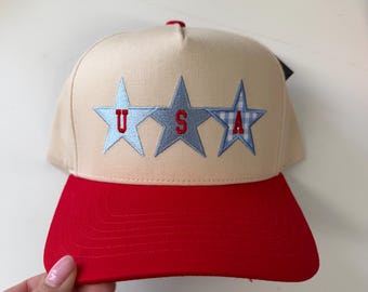 Geborduurde baseballpet met Amerikaanse gingham-ruit, patriottische Americana zomerhoed