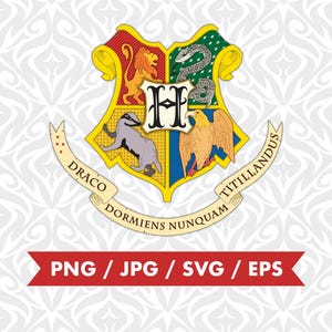 Peut inclure: Un blason coloré avec un lion, un serpent, un blaireau et un aigle, avec la lettre "H" au centre. Le blason est entouré de bannières avec des phrases latines. Une bannière rouge en bas affiche "PNG / JPG / SVG / EPS".