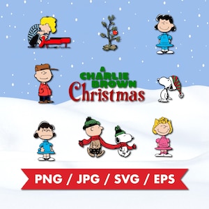 Könnte beinhalten: Eine digitale Grafik mit Charakteren aus "A Charlie Brown Christmas". Das Bild zeigt Charlie Brown, Snoopy, Lucy, Linus, Sally und einen Weihnachtsbaum. Der Titeltext ist grün und rot, mit einem roten Banner unten.