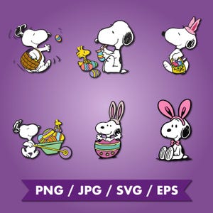 May include: A collection of Snoopy-themed Easter graphics on a purple background. Snoopy is depicted in various poses, including holding a basket, painting eggs, and wearing bunny ears. The bottom banner reads "PNG / JPG / SVG / EPS."