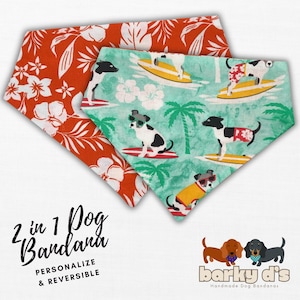 Hawaiian Surfing Hibiscus Flower Dog Bandana Reversible Cotton • Personalized Custom Drool Scarf • Gift for Dog • Dog Mom • Dog Dad