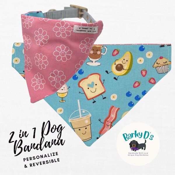 Breakfast Food & Pink Happy Daisy Dog Bandana Reversible Cotton • Personalized Custom • Drool Neck Scarf • Gift for Pet • Dog Mom • Dog Dad