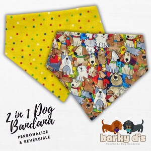 Cartoon Dog Breeds Bandana Yellow Dots Reversible Cotton • Personalized Custom • Drool Scarf Neckerchiefs • Gift for Dog • Dog Mom • Dog Dad