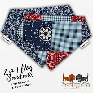 May include: A reversible dog bandana featuring a navy blue paisley print on one side and a patchwork design of red, navy, and light blue gingham and paisley patterns on the other. The text reads 2 in 1 Dog Bandana, PERSONALIZE & REVERSIBLE, and barky d's.