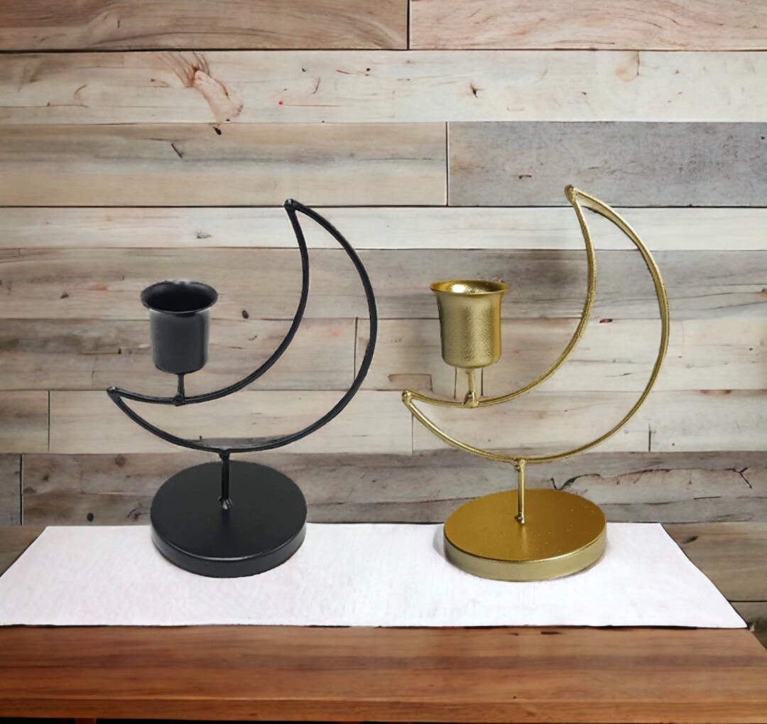 Moon Shaped Candle Holder / Pillar / Gold Black / Tealight Bedroom