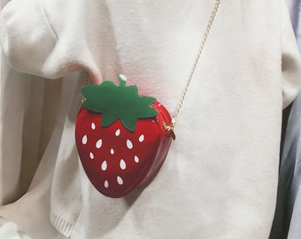 Strawberry Shoulder Bag / Fruit Purses / Gold chain Crossbody Bag / Festival Outfit Idea / Baby Witch Fashion