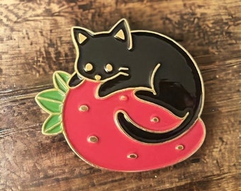 Black Kitty Loafing on Strawberry Enamel Pin / Cat Loaf Bade Brooch / Fruit / Cartoon / Witchy / Denim Jacket Festival Bag Accessories