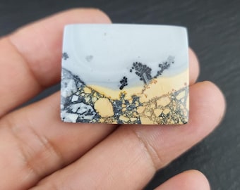 May include: A square-cut gemstone with a landscape-like pattern. The top portion is a light gray, transitioning to a yellow-beige band, and then a speckled, dark gray and tan base. Black, tree-like inclusions add detail to the stone's surface.