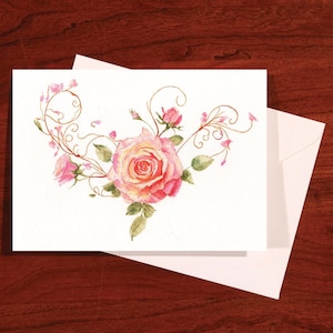 Rose Floral Greeting Cards, Vibrant Note cards, Single White Folded Cards, Blank Notecard Inside, Matching White Envelope