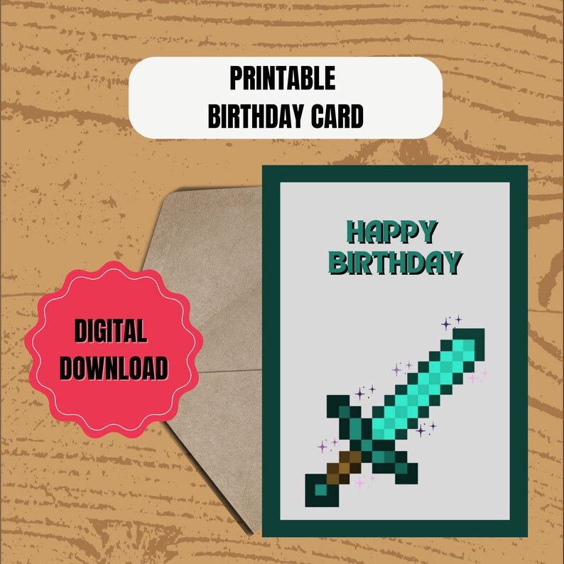 Minecraft Birthday Card Diamond Sword Birthday Card Printable Birthday ...