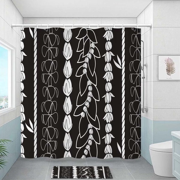 Hawaiian Lei in Black Shower Curtain, Bath Mat, Bathroom Decor, Bathroom Accessories - Set Option includes Mat
