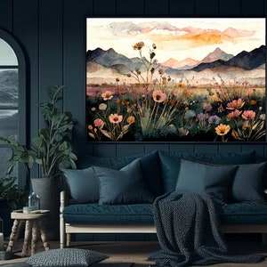 Aquarell Landschaft Gebirge Wildblumen Wiese Wand Kunst Druck zu Hause Printable Instant Download AI Home Dekor Blumen Boho Western