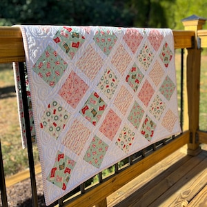 Handmade Christmas Baby Girl Quilt, Holiday Baby Blanket, Bright & Cheerful (38x46) Matching Handmade Gift Bag, Ready to Ship!