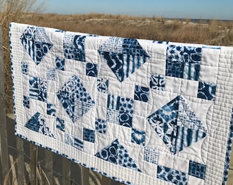 Handmade Baby Quilt, Cotton Baby Blanket-Adult Lap Quilt - Japanese Shibori Blue & White - Gender Neutral Quilt, Handmade Matching Gift Bag!