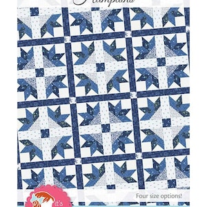 May include: A quilt pattern titled Hamptons featuring a repeating block design with blue and white floral and geometric fabrics. The pattern includes the text Hamptons, Four size options!, Designed by Jocelyn Ueng, and the It's Sew Emma logo.