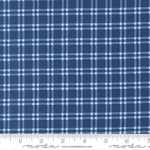 May include: Close-up of a blue plaid fabric with white and light blue intersecting lines. The fabric has a grid-like pattern. The bottom of the image shows a ruler with the word "moda" and the website address www.modafabrics.com.