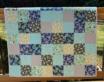 Springtime Handmade Baby Quilt, Patchwork Baby Blanket  (36"x45)  Navy and Aqua Florals - Ready to Ship!