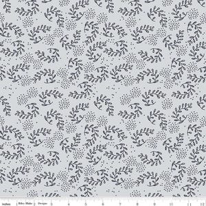 May include: Light gray fabric with a repeating pattern of dark blue vines and small dotted clusters. The design features delicate, curving vines with leaves and tiny dots, creating a natural, botanical theme. The fabric is suitable for various sewing projects.