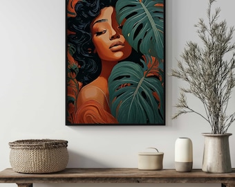 Afro Woman Wall Art, Digital Download Print, Tropical Portrait, Modern Botanical Poster, Curly Hair Art, Silk Gaze