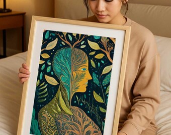 Inner Wilderness Wall Art Printable, Botanical Goddess Artwork, Surreal Feminine Nature Illustration, Earthy Digital Download Decor