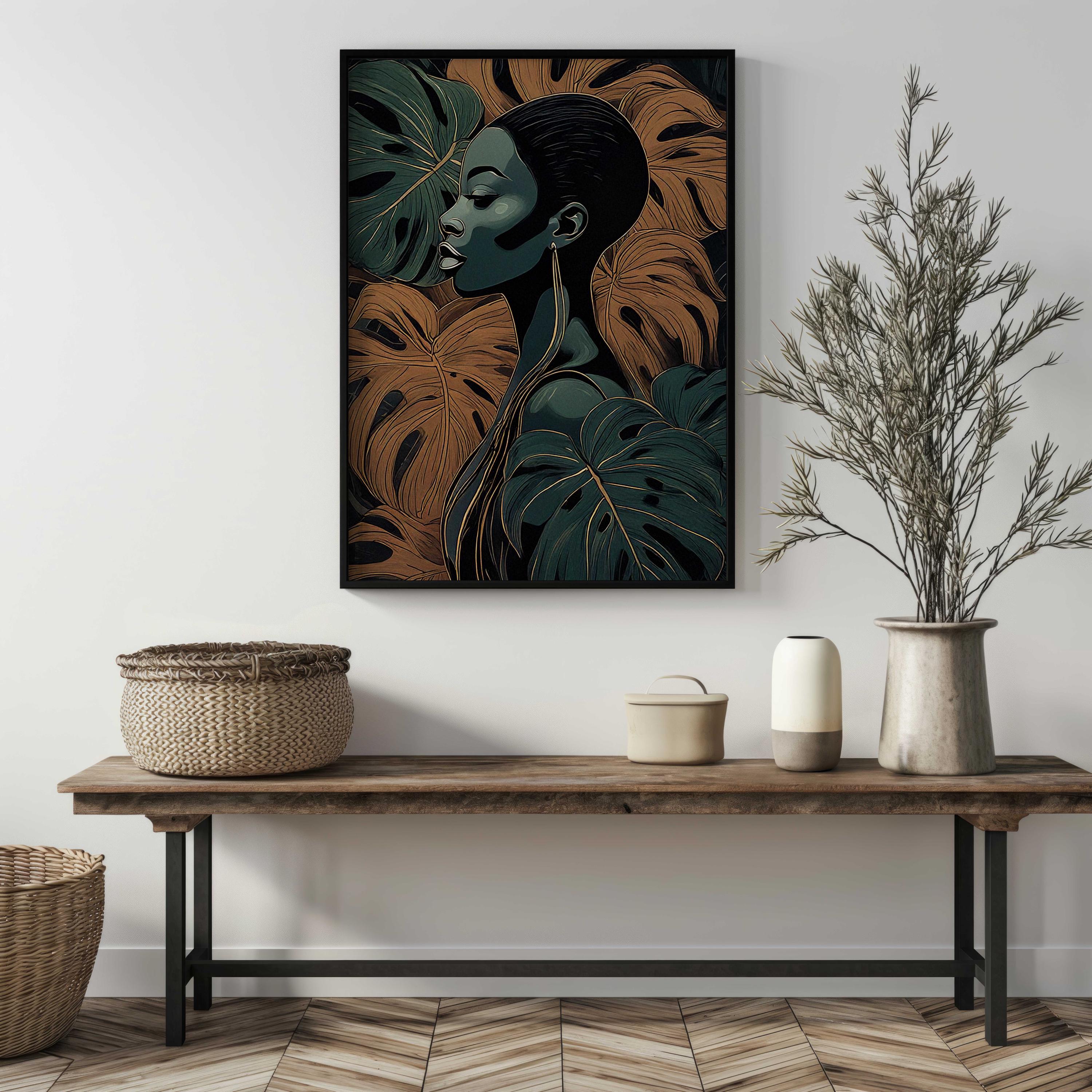Afro Woman Wall Art, Botanical Digital Print, Afrocentric Portrait, Jungle Aesthetic, Tropical Leaves Poster, Velvet Bloom Download