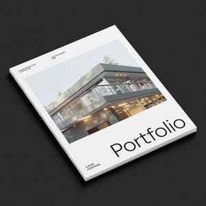 Peut inclure: Un portfolio rectangulaire blanc présentant une photographie d'un bâtiment moderne à plusieurs étages avec des balcons en verre. La couverture affiche le texte Portfolio, Lukas Hoffman et Selected Works 2020 en police noire.