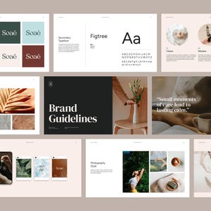 Op de afbeelding: Een presentatie van merkrichtlijnen met kleurenpaletten, typografie en lifestyle-beelden. Het kleurenschema omvat groen, blauw en bruin. De merknaam "Soaé" wordt in verschillende stijlen weergegeven. Bevat een telefoon-mockup en fotografievoorbeelden.