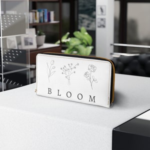 Linda billetera de flores silvestres para mujer, billetera de embrague floral boho monedero, monedero de cuero vegano estético, regalo para ella, cremallera grande alrededor