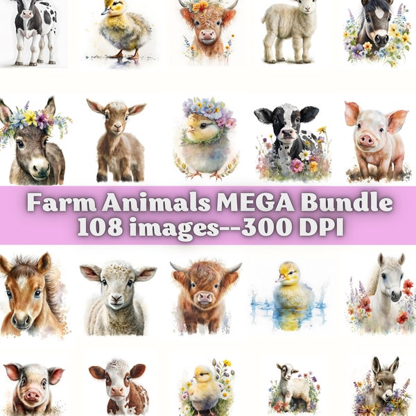 Farm Animals Clipart Bundle, Baby Animals Clip Art, Watercolor, Farm, Clip art, Baby, Birthday, Nursery, Baby Shower, PNG File. Highland Cow