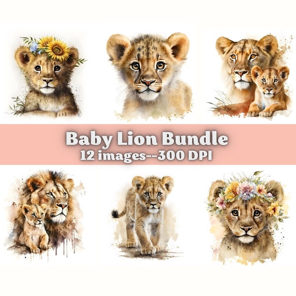 Safari Animal Clipart PNG Bundle, Baby Lion PNG, Watercolor, Baby Safari Animals, Clipart Bundle, Digital Files, Safari Sublimation, Nursery